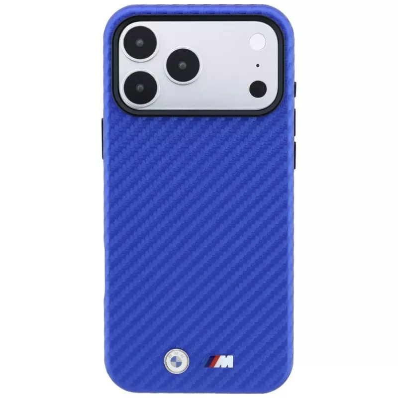 Custodia MagSafe BMW M Carbon Metal Logo per iPhone 18 Pro / 17 Pro - blu