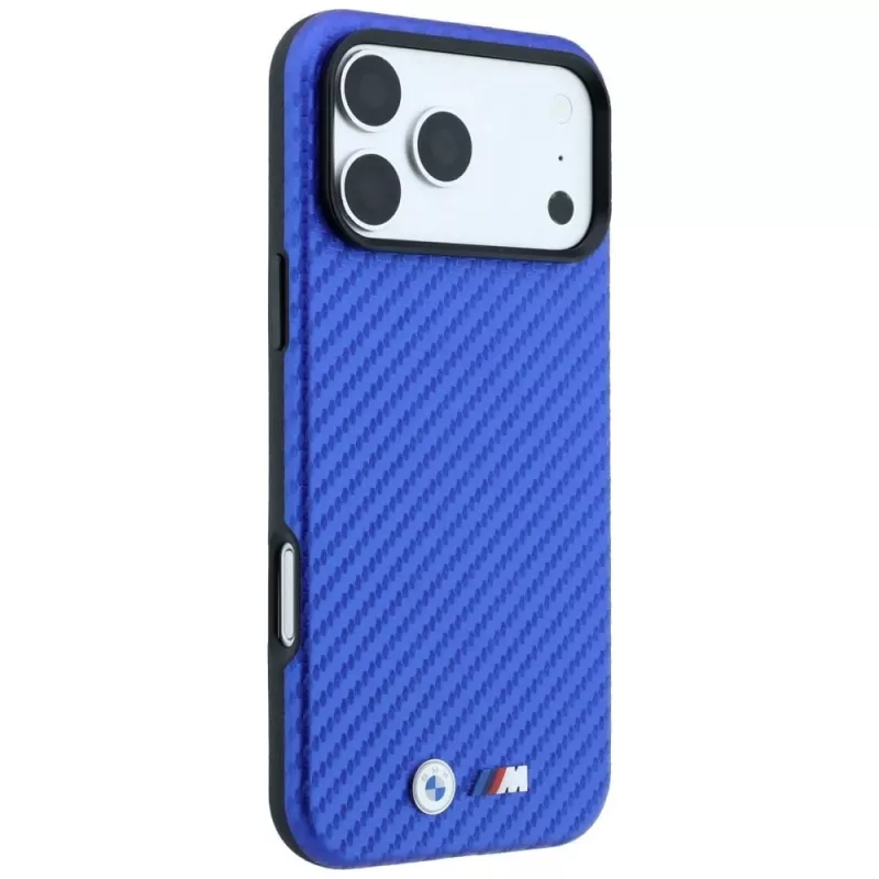 Custodia MagSafe BMW M Carbon Metal Logo per iPhone 18 Pro / 17 Pro - blu