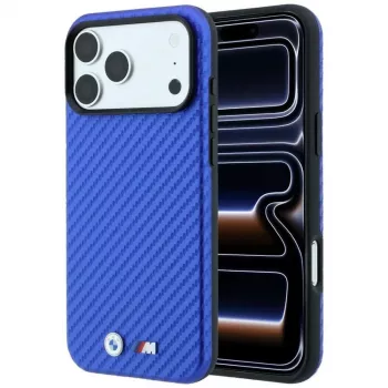 Custodia MagSafe BMW M Carbon Metal Logo per iPhone 18 Pro Max / 17 Pro Max - blu