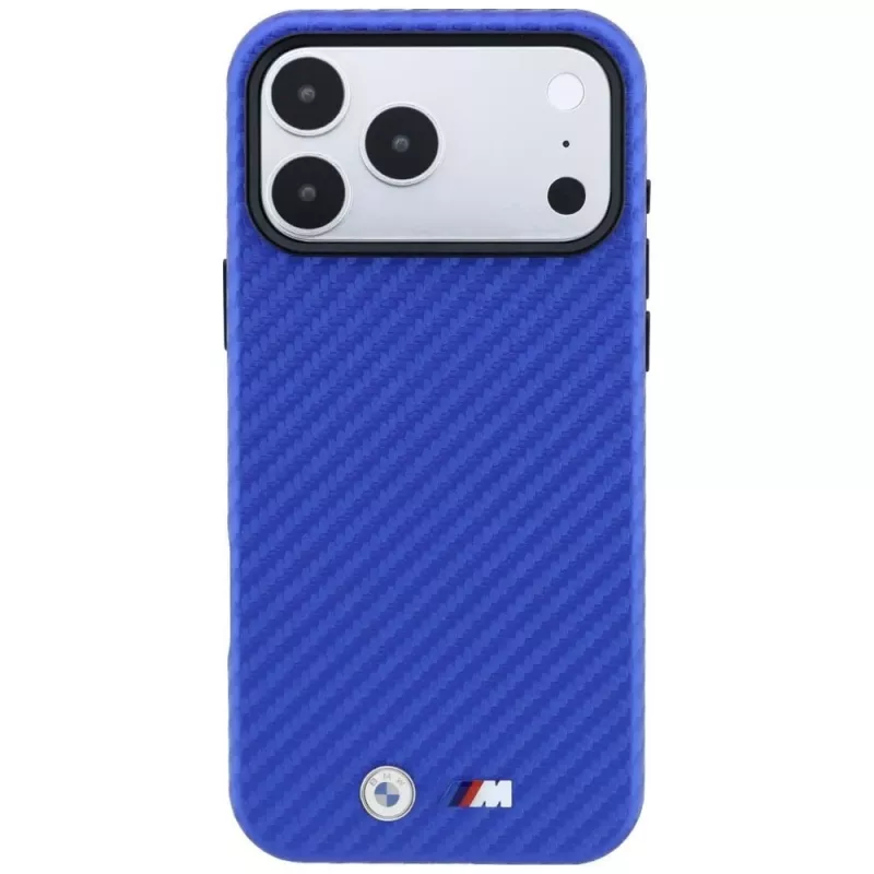 Custodia MagSafe BMW M Carbon Metal Logo per iPhone 18 Pro Max / 17 Pro Max - blu