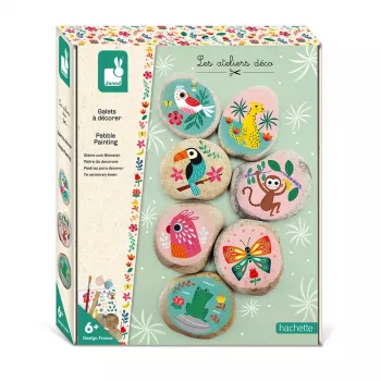 Set creativo Janod pittura su pietra - 6 pietre naturali, 6 colori acrilici, 2 pennelli, glitter, occhi mobili, adesivi - da 6 anni