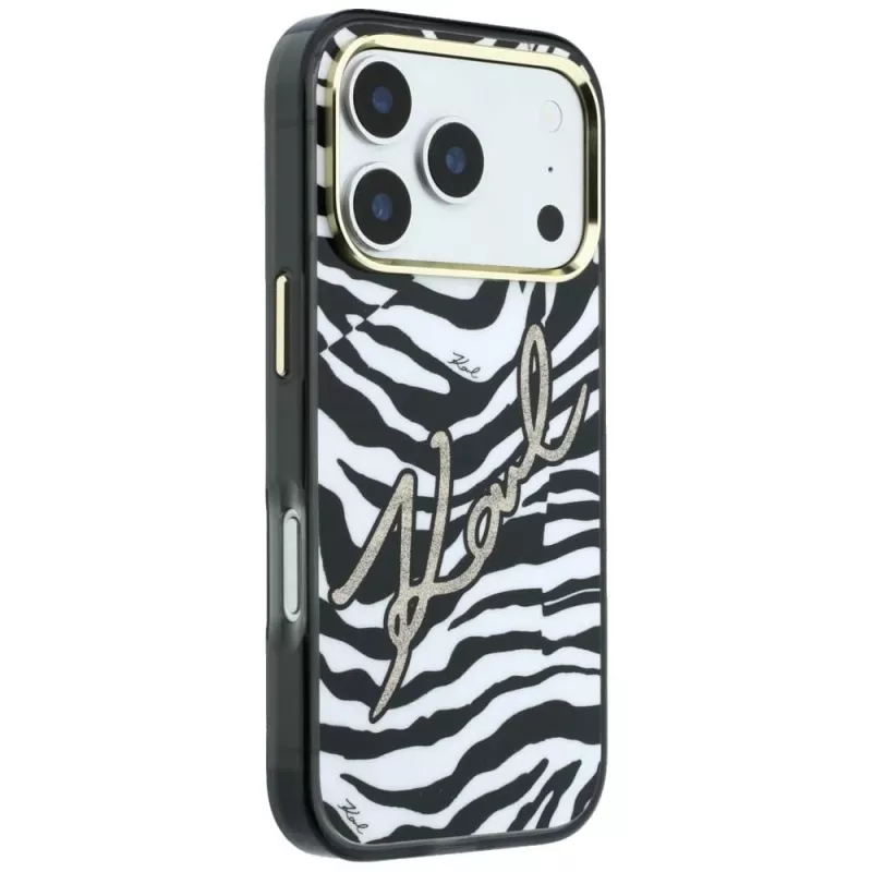 Karl Lagerfeld IML Signature Zebra Glitter custodia MagSafe per iPhone 18 Pro Max / 17 Pro Max - oro