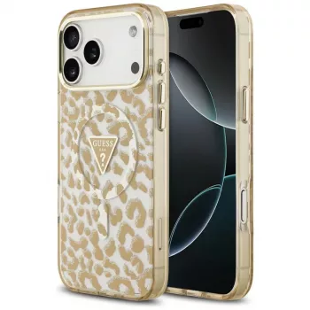 GUESS IML Leopard Glitter Triangle Logo custodia MagSafe per iPhone 18 Pro / 17 Pro, marrone