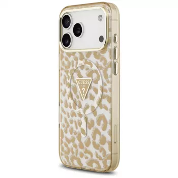 GUESS IML Leopard Glitter Triangle Logo custodia MagSafe per iPhone 18 Pro / 17 Pro, marrone