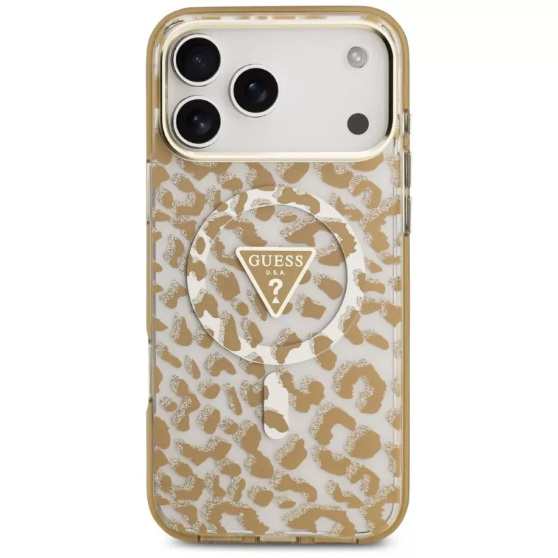 Custodia MagSafe GUESS IML Leopard Glitter Triangle Logo per iPhone 18 Pro / 17 Pro, Marrone