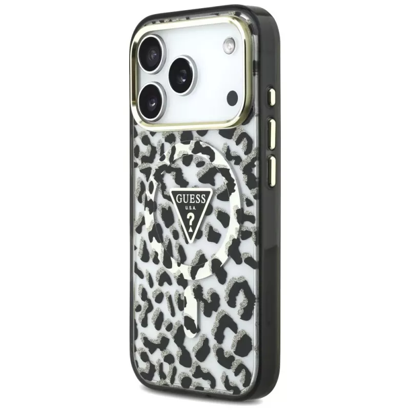 GUESS IML Leopard Glitter Triangle Logo custodia MagSafe per iPhone 18 Pro / 17 Pro - nero