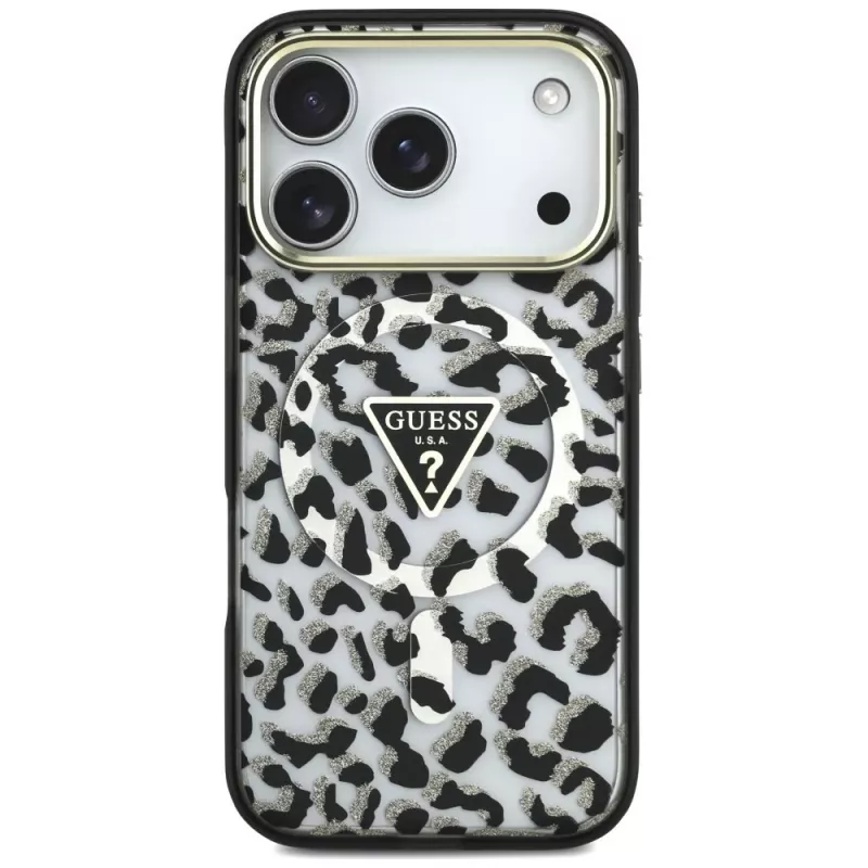 GUESS IML Leopard Glitter Triangle Logo custodia MagSafe per iPhone 18 Pro / 17 Pro - nero