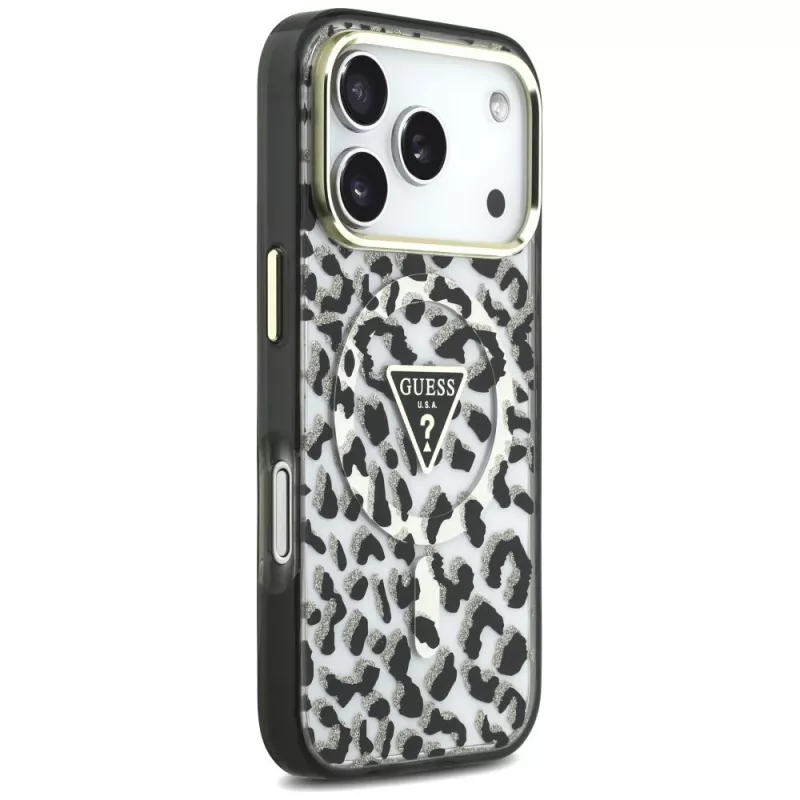 GUESS IML Leopard Glitter Triangle Logo custodia MagSafe per iPhone 18 Pro / 17 Pro - nero