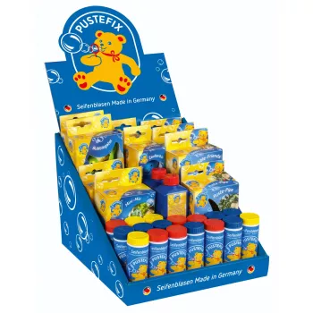 PUSTEFIX espositore mini - 24 x 42 ml soluzione per bolle di sapone con bacchette, espositore da tavolo per il commercio