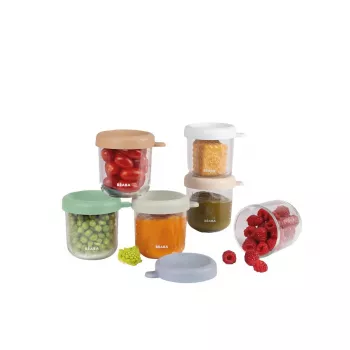 Beaba Set Vasetti di Vetro per Baby Food con Coperchi Ermetici, 6 x 250 ml, Mix Colori Naturali