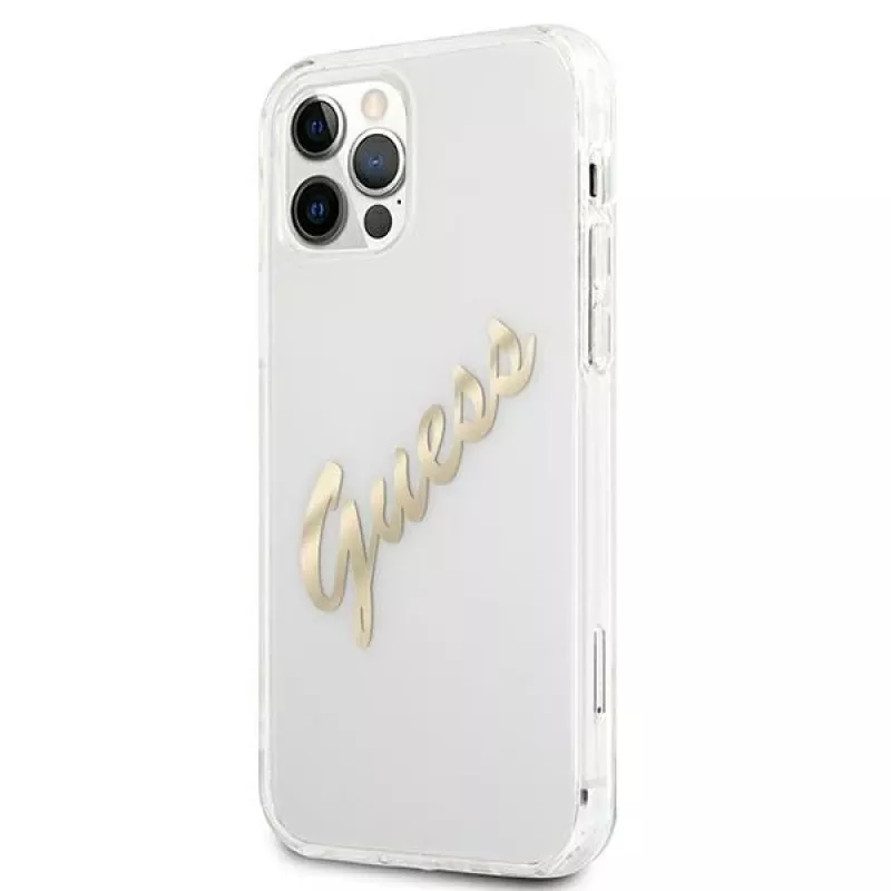 GUESS Vintage Script Gold Custodia Rigida per Apple iPhone 12 Pro Max - Trasparente