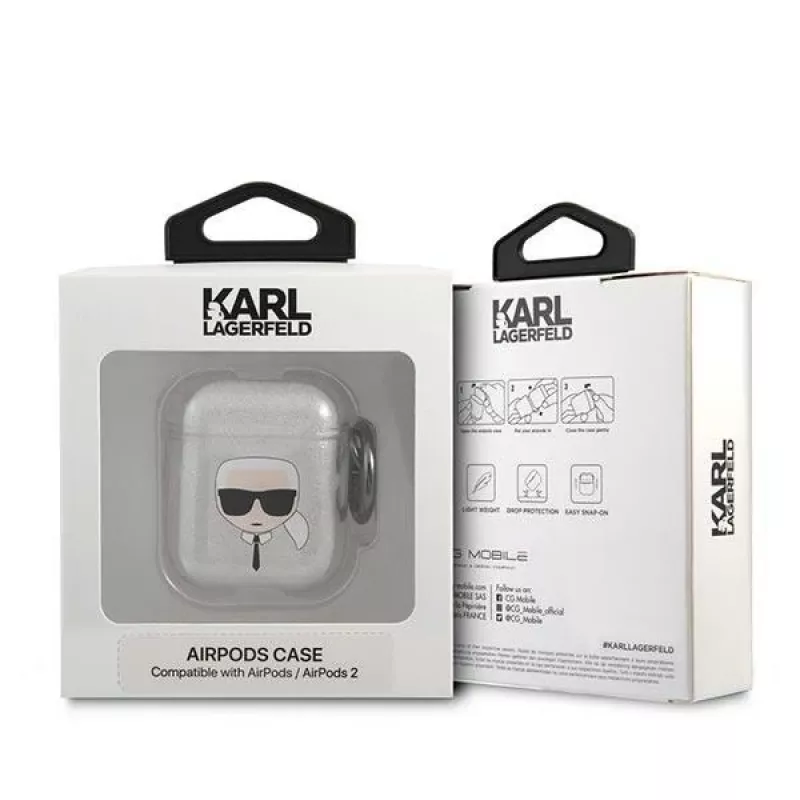 Karl Lagerfeld KLA2UKHGS Custodia AirPods 1/2 Argento Glitter Karl's Head