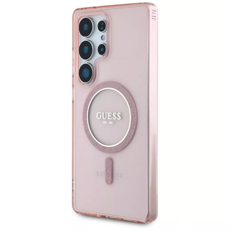 GUESS Glitter Circle Classic Logo Custodia MagSafe per Samsung Galaxy S25 Ultra - Rosa