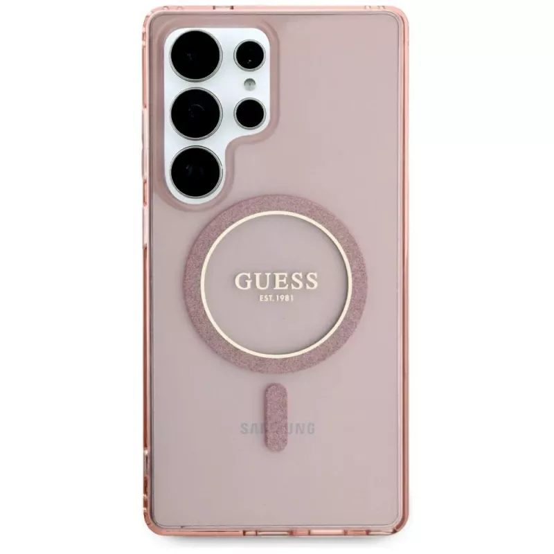 GUESS Glitter Circle Classic Logo Custodia MagSafe per Samsung Galaxy S25 Ultra - Rosa