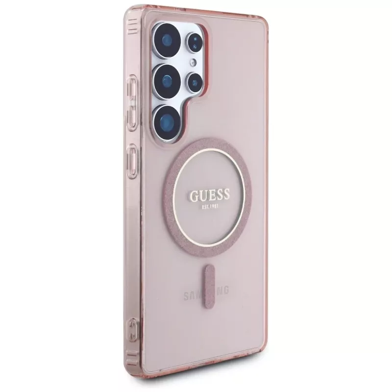 GUESS Glitter Circle Classic Logo Custodia MagSafe per Samsung Galaxy S25 Ultra - Rosa