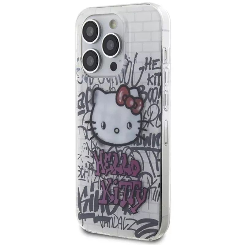 Hello Kitty HKHCP15LHDGPHT iPhone 15 Pro Custodia Rigida IML Kitty On Bricks Graffiti Bianca