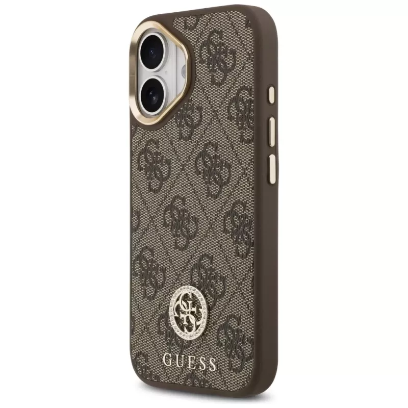 Custodia MagSafe GUESS 4G Strass Logo e Big Strap Metal Buttons per iPhone 17 - Marrone