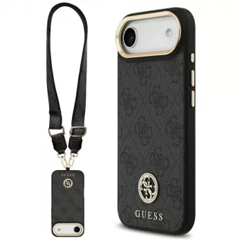 Custodia MagSafe GUESS 4G Strass Logo per iPhone Air con tasti in metallo e cinturino da polso - Nera
