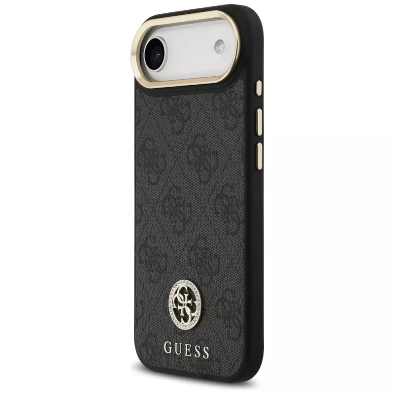 Custodia MagSafe GUESS 4G Strass Logo per iPhone Air con tasti in metallo e cinturino da polso - Nera