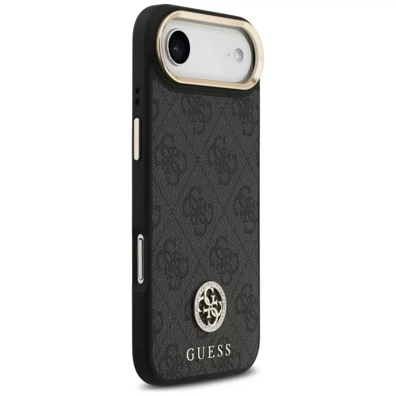 Custodia MagSafe GUESS 4G Strass Logo per iPhone Air con tasti in metallo e cinturino da polso - Nera