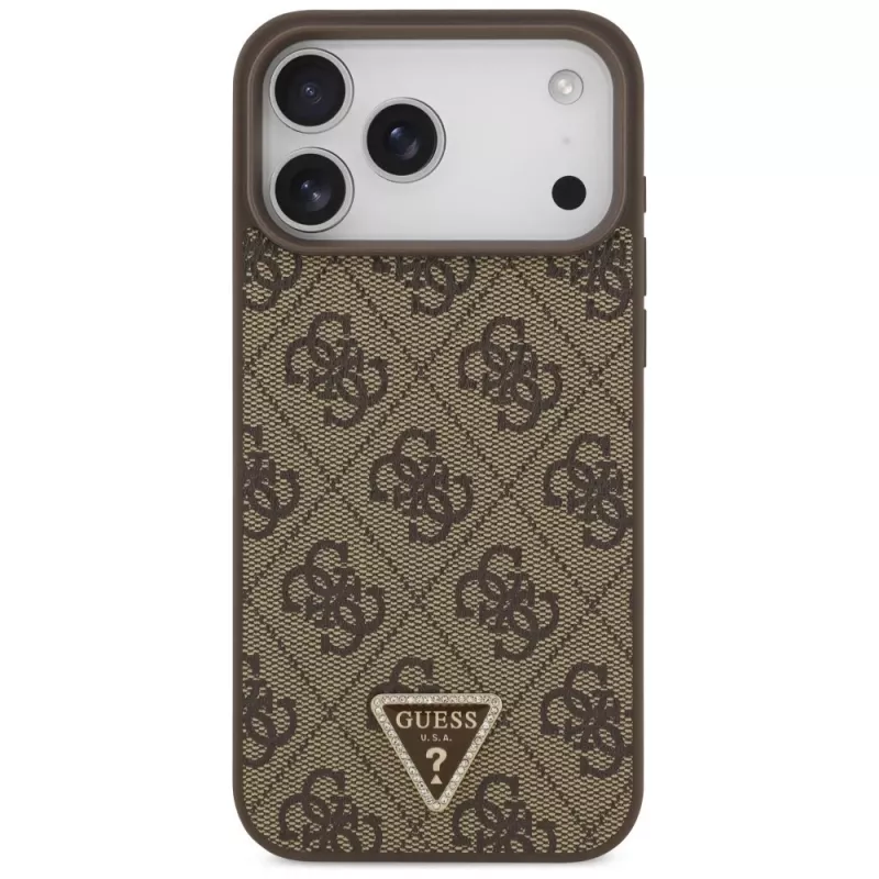 Custodia MagSafe GUESS Pelle 4G Triangle Strass per iPhone 18 Pro Max / 17 Pro Max - Marrone
