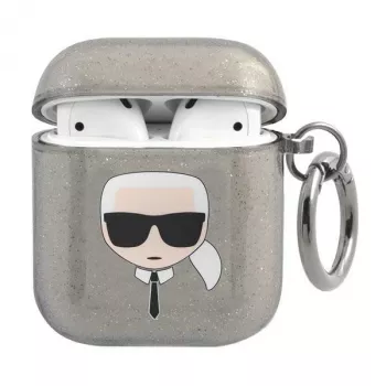 Custodia Karl Lagerfeld KLA2UKHGK per AirPods 1/2 nero glitter testa di Karl