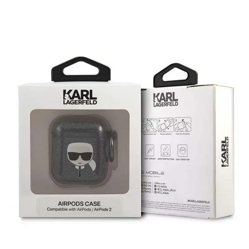 Custodia Karl Lagerfeld KLA2UKHGK per AirPods 1/2 nero glitter testa di Karl