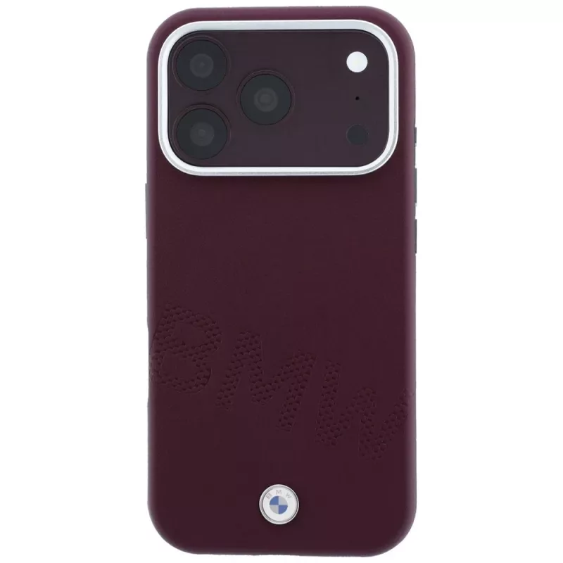 Custodia MagSafe BMW Signature Collection con lettere in rilievo oblique per iPhone 15 Pro - bordeaux