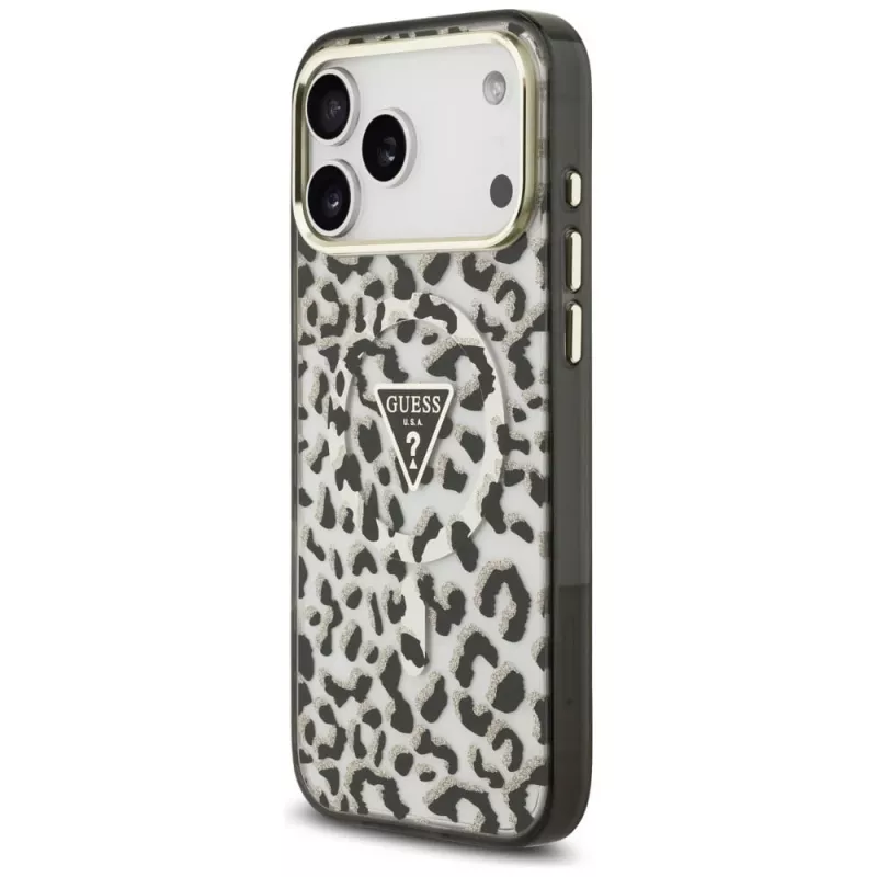 Custodia MagSafe GUESS IML Leopard Glitter Triangle Logo per iPhone 18 Pro Max / 17 Pro Max - nero