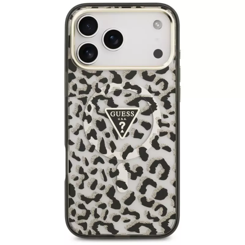 Custodia MagSafe GUESS IML Leopard Glitter Triangle Logo per iPhone 18 Pro Max / 17 Pro Max - nero