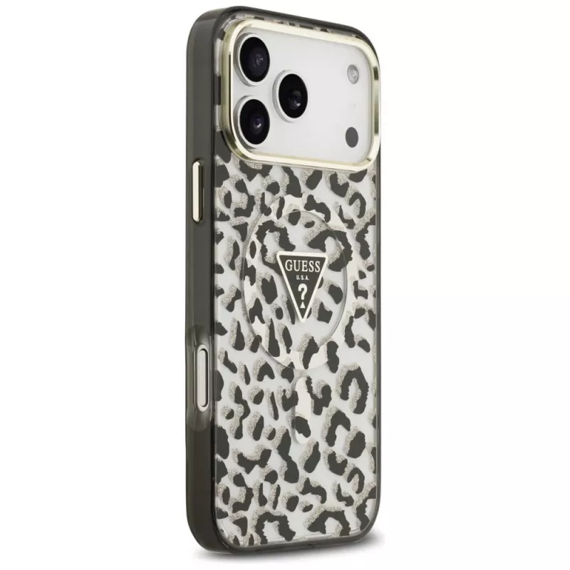 Custodia MagSafe GUESS IML Leopard Glitter Triangle Logo per iPhone 18 Pro Max / 17 Pro Max - nero