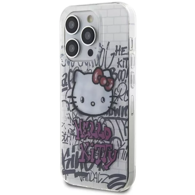 Custodia rigida Hello Kitty HKHCP15XHDGPHT per iPhone 15 Pro Max 6,7 pollici bianca IML Kitty On Bricks Graffiti