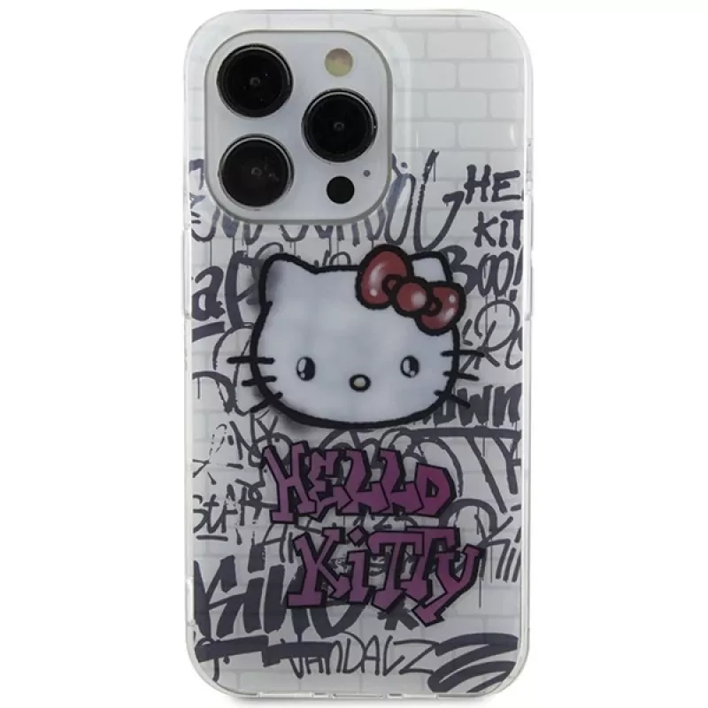 Custodia rigida Hello Kitty HKHCP15XHDGPHT per iPhone 15 Pro Max 6,7 pollici bianca IML Kitty On Bricks Graffiti