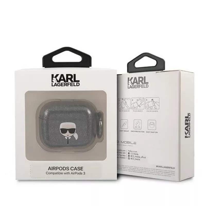 Karl Lagerfeld KLA3UKHGK Custodia per AirPods 3 nera glitter testa di Karl