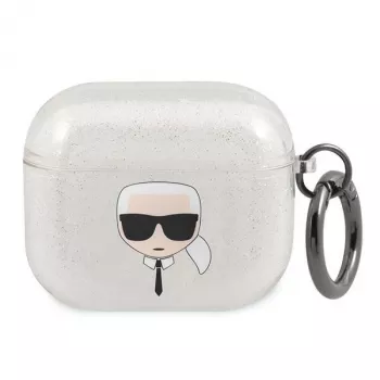 Karl Lagerfeld KLA3UKHGS Custodia per AirPods 3 argento glitter testa di Karl