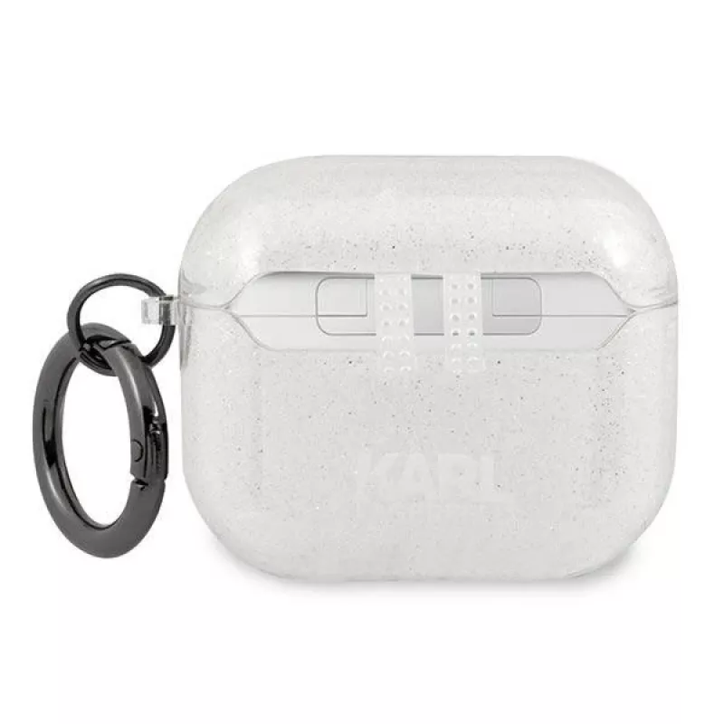 Karl Lagerfeld KLA3UKHGS Custodia per AirPods 3 argento glitter testa di Karl