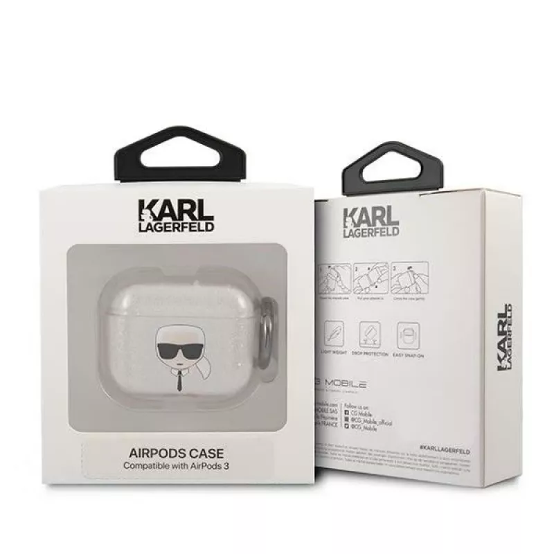 Karl Lagerfeld KLA3UKHGS Custodia per AirPods 3 argento glitter testa di Karl