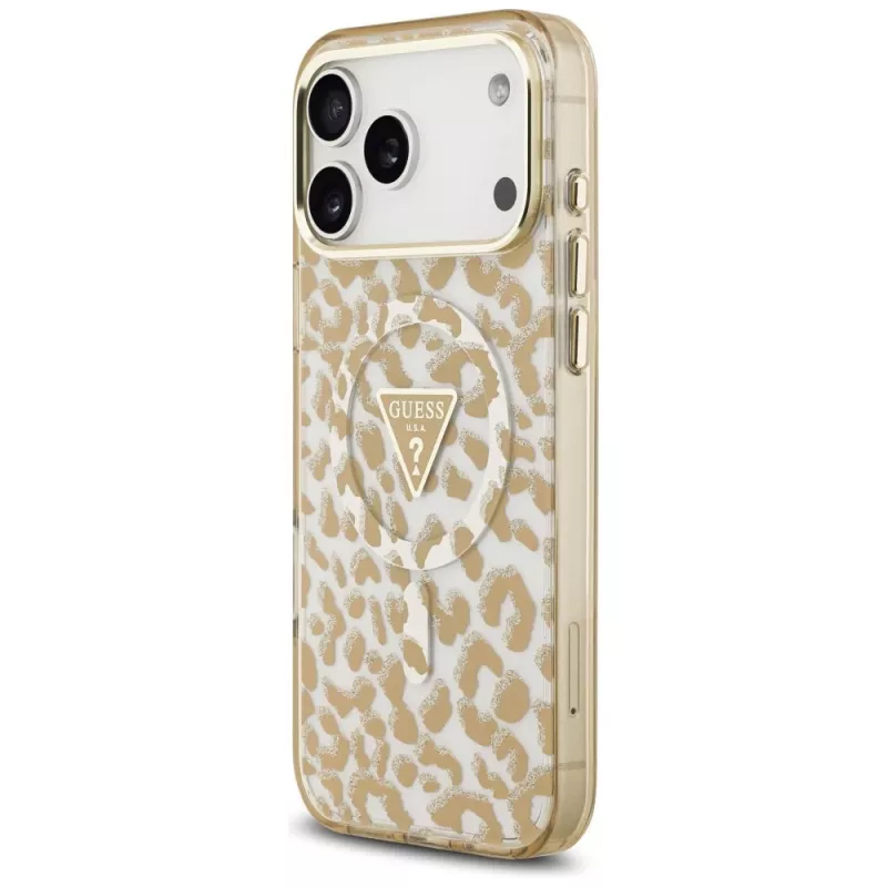 GUESS Custodia MagSafe IML Leopard Glitter Triangle Logo per iPhone 18 Pro Max / 17 Pro Max - Marrone