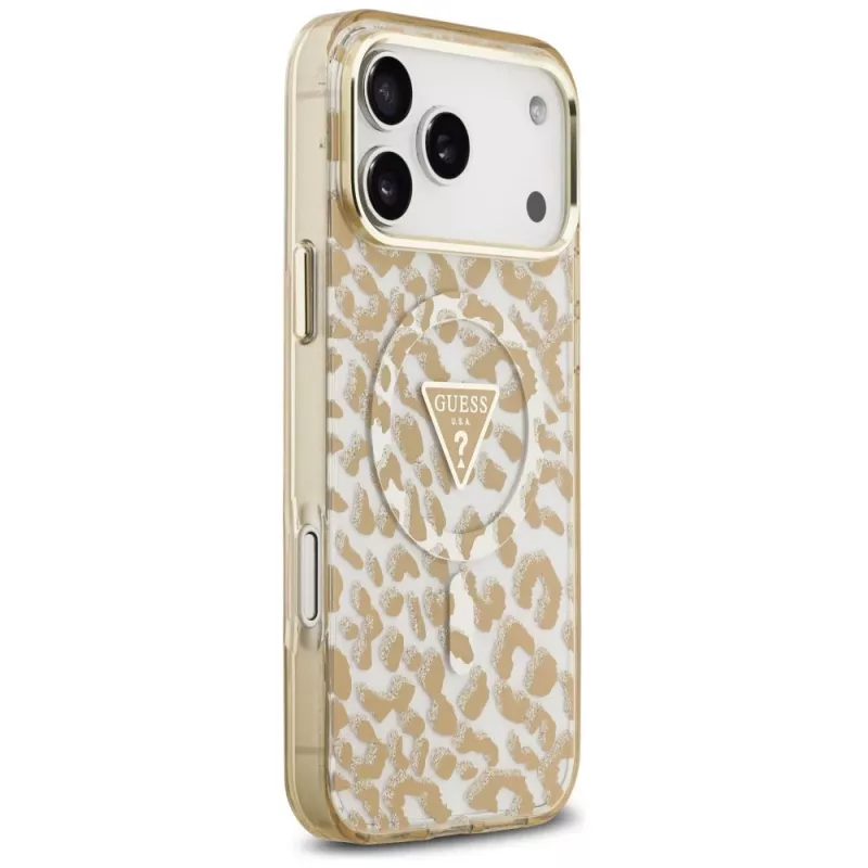 GUESS Custodia MagSafe IML Leopard Glitter Triangle Logo per iPhone 18 Pro Max / 17 Pro Max - Marrone