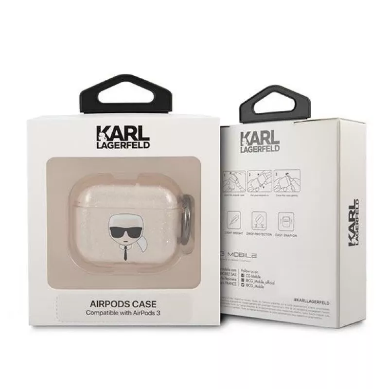 Karl Lagerfeld KLA3UKHGD Custodia per AirPods 3 glitter oro testa di Karl