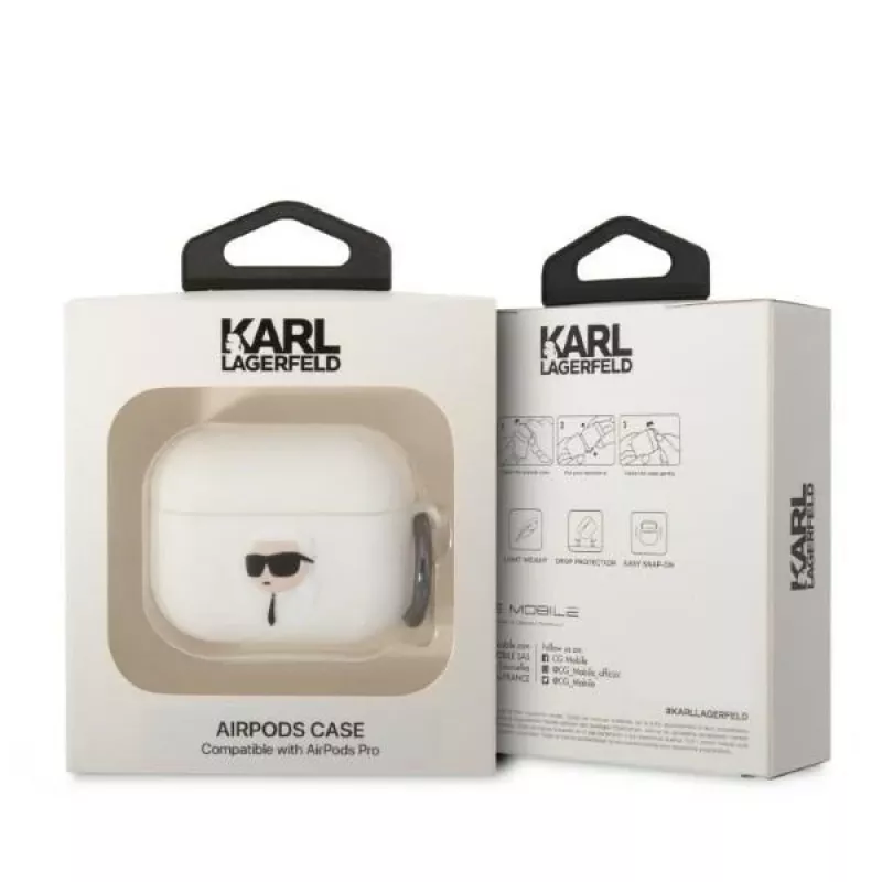 Karl Lagerfeld KLAPRUNIKH Custodia per AirPods Pro bianca in silicone Karl Head 3D