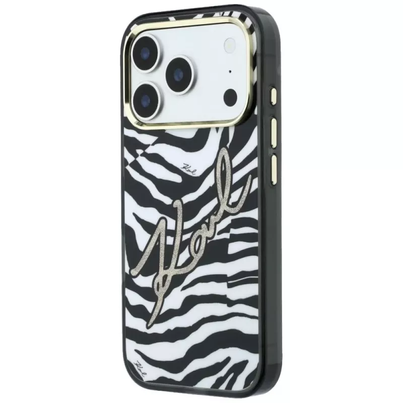 Karl Lagerfeld Custodia MagSafe IML Signature Zebra Glitter per iPhone 18 Pro / 17 Pro - Oro