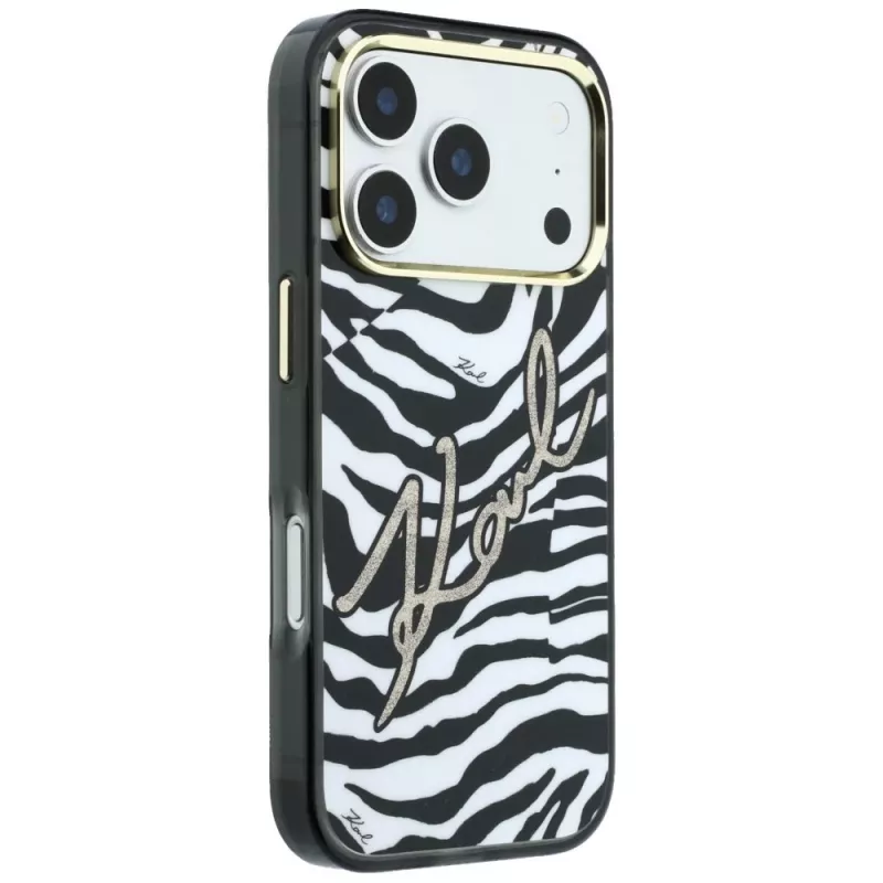 Karl Lagerfeld Custodia MagSafe IML Signature Zebra Glitter per iPhone 18 Pro / 17 Pro - Oro