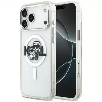 Karl Lagerfeld Custodia MagSafe IML Glitter Karl & Choupette Sketch Logo per iPhone 17 Pro Max, trasparente
