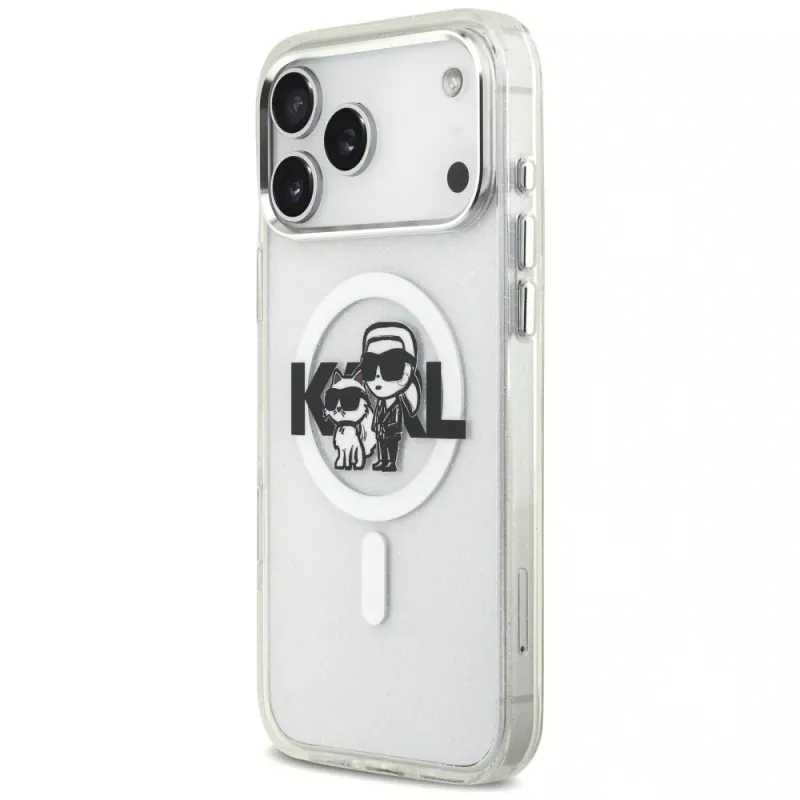 Karl Lagerfeld Custodia MagSafe IML Glitter Karl & Choupette Sketch Logo per iPhone 17 Pro Max, trasparente