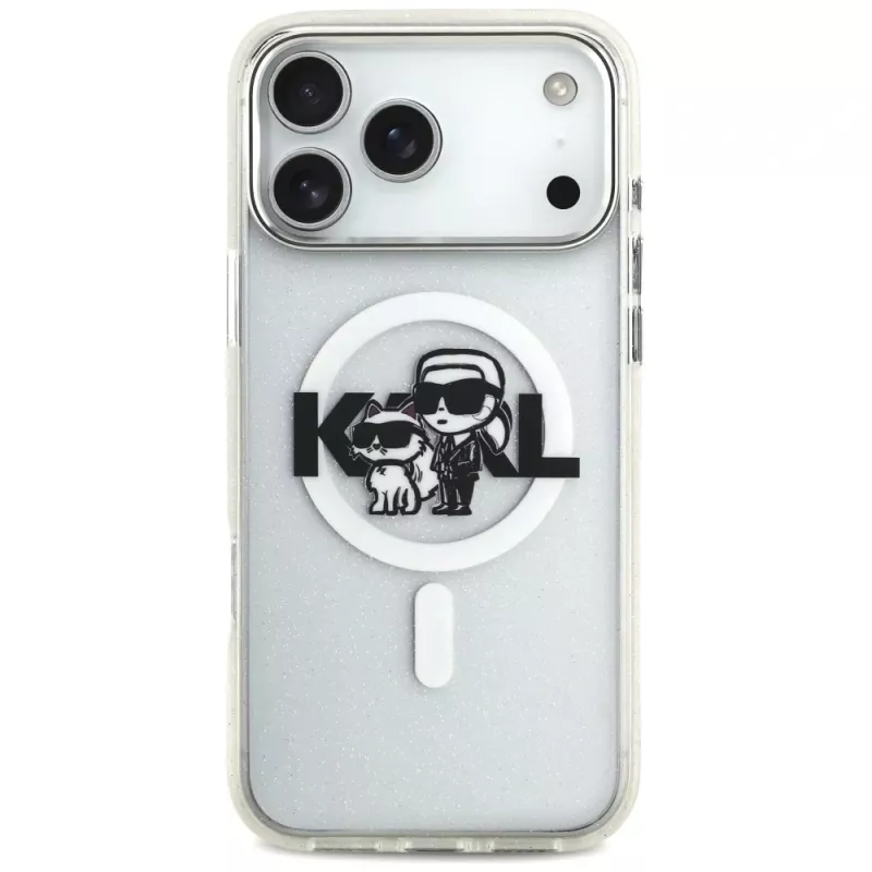 Karl Lagerfeld Custodia MagSafe IML Glitter Karl & Choupette Sketch Logo per iPhone 17 Pro Max, trasparente