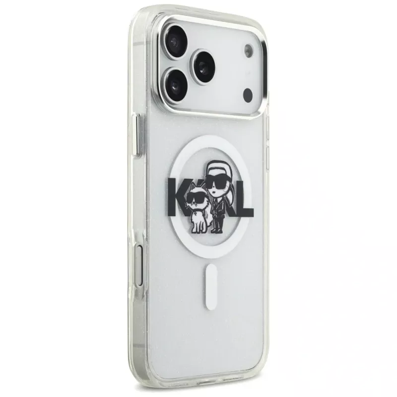 Karl Lagerfeld Custodia MagSafe IML Glitter Karl & Choupette Sketch Logo per iPhone 17 Pro Max, trasparente