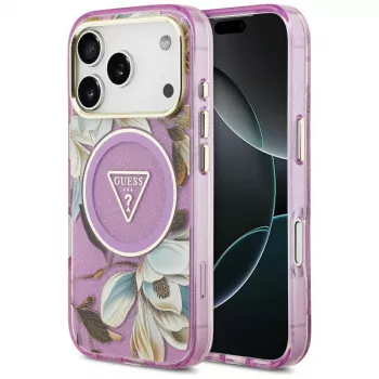 GUESS IML Glitter Flowers Triangle custodia MagSafe per iPhone 18 Pro / 17 Pro - Viola