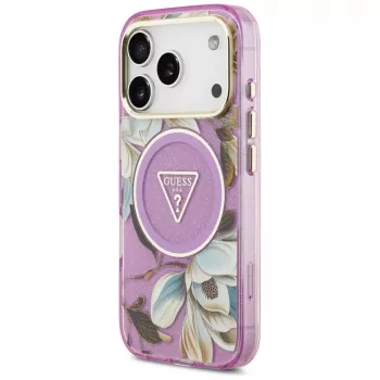 GUESS IML Glitter Flowers Triangle custodia MagSafe per iPhone 18 Pro / 17 Pro - Viola