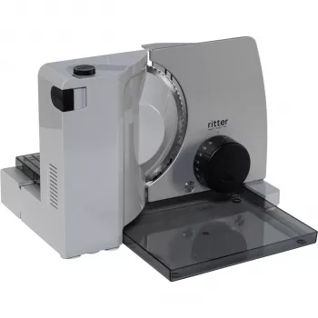 Ritter Compact 7 affettatrice elettrica universale con motore Eco 65 W, lama in acciaio inox dentata, spessore di taglio 0-20 mm, design pieghevole, piedini a ventosa, nero/argento
